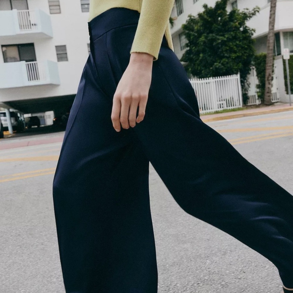 Zara Navy Wide-Leg Satin Pants - Picture 5 of 8